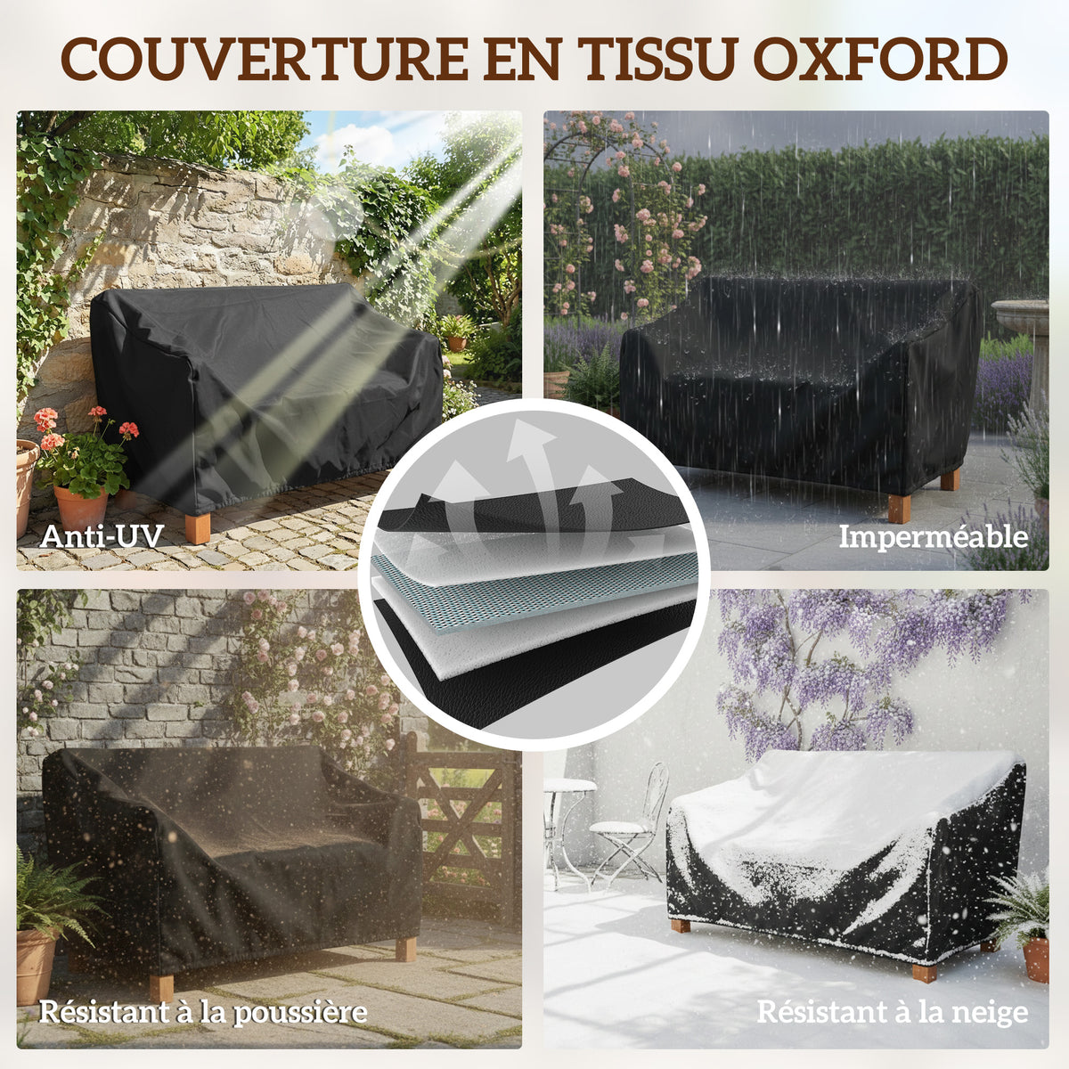 Banc de Jardin Banc Extérieur 2 Places avec Housse Imperméable et Dossier Ergonomique Bois Marron Clair-3