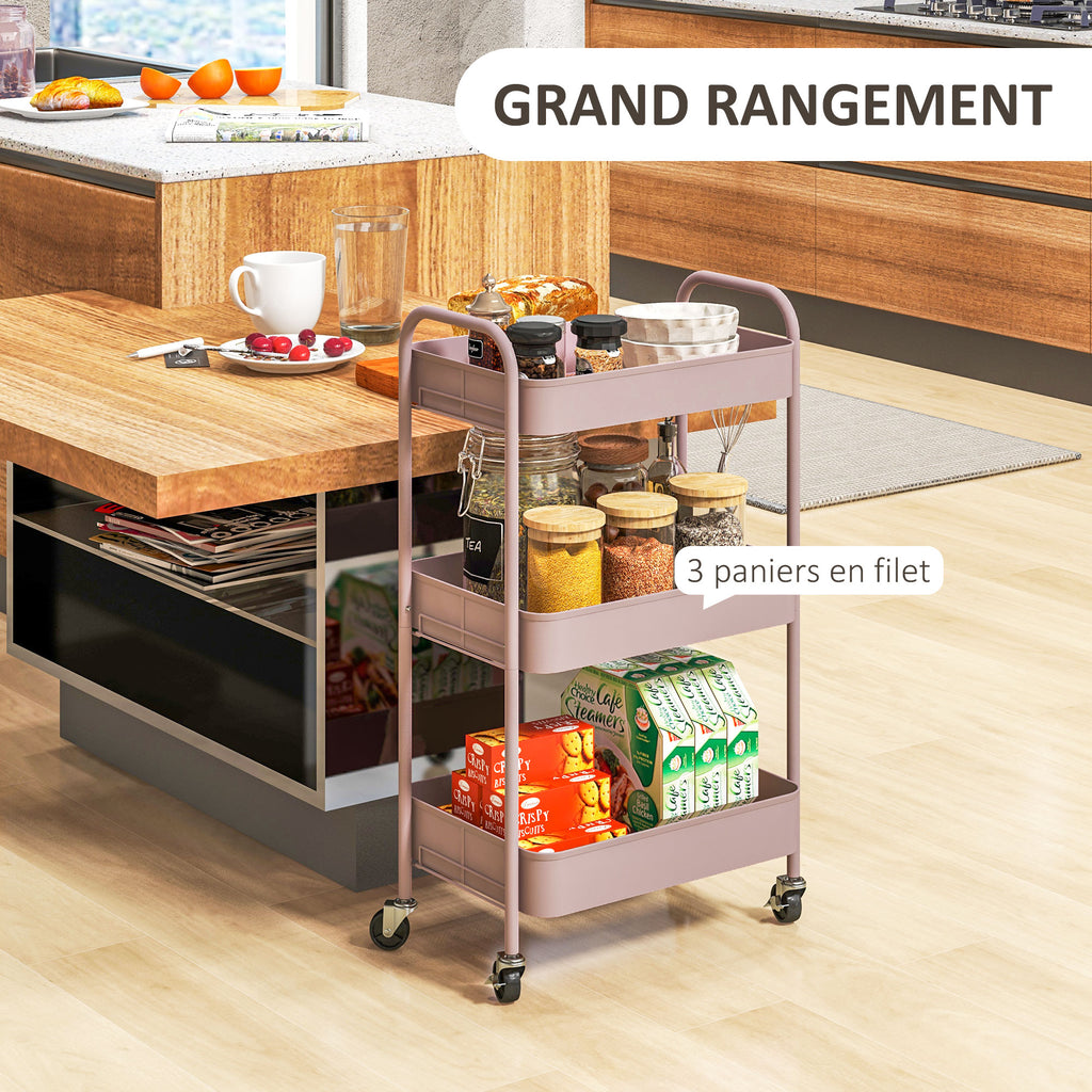 Desserte chariot de rangement en acier chariot de service à roulettes 3 plateaux ajourés 45 x 30,6 x 79 cm rose-3