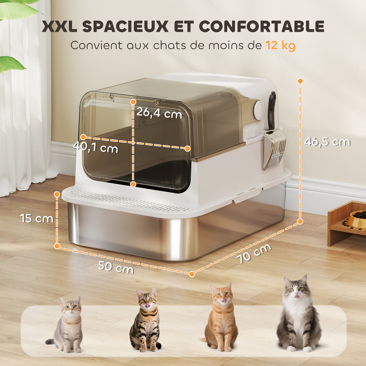 Bac à litière pour chat fermé en acier inoxydable, maison de toilette pour chat avec pelle, 70 x 50 x 46,5 cm, blanc-2