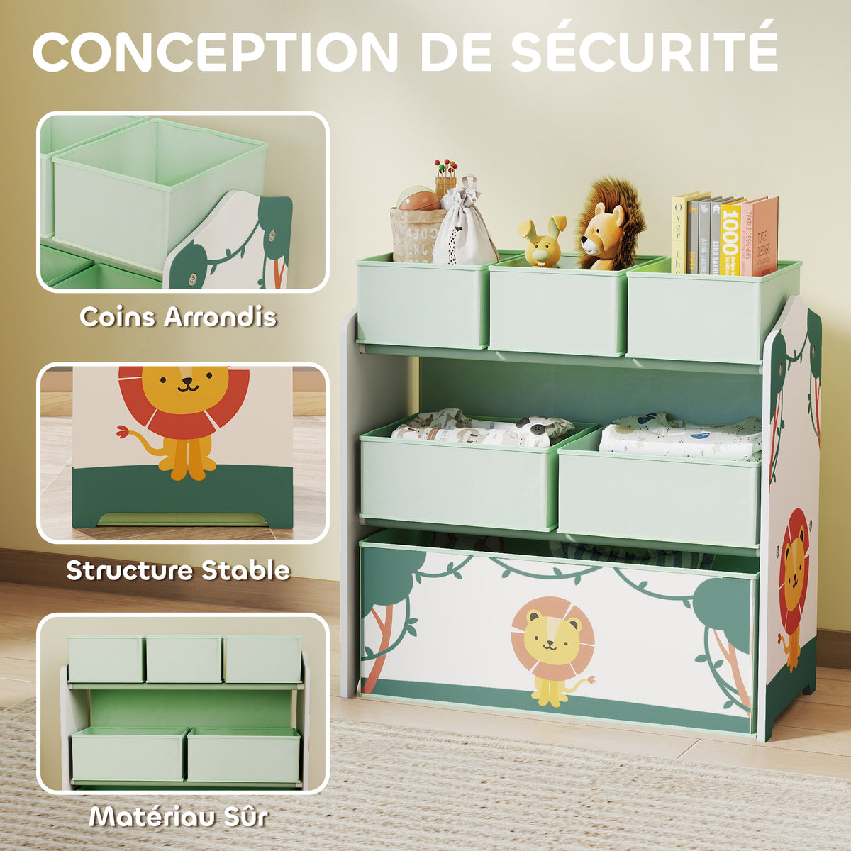 Meuble rangement enfant à 3 niveaux, étagère de rangement pour jouets enfants avec 6 boîtes en tissu amovibles, vert-4