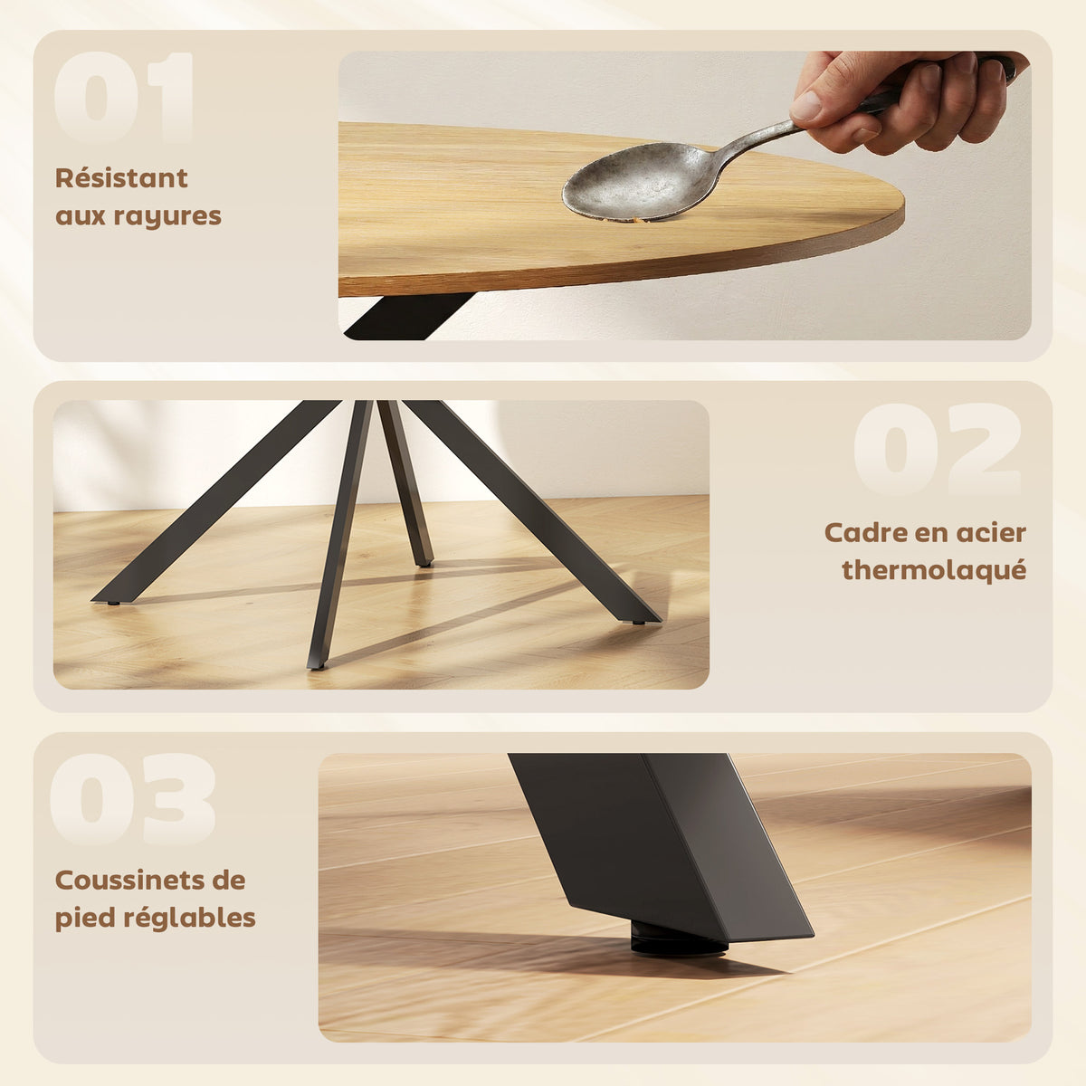 Table à Manger Ronde pour 4 Personnes 100 cm, Style Industriel avec Plateau Aspect Bois, Piètement Croisé en Acier Chêne-5