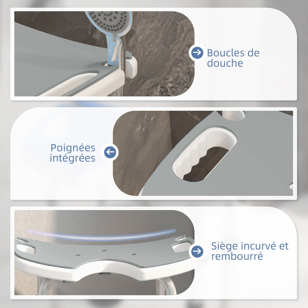 Tabouret de douche siège de douche hauteur ajustable 39-51,5 cm barre d'appui à ventouse patins à ventouse gris-6