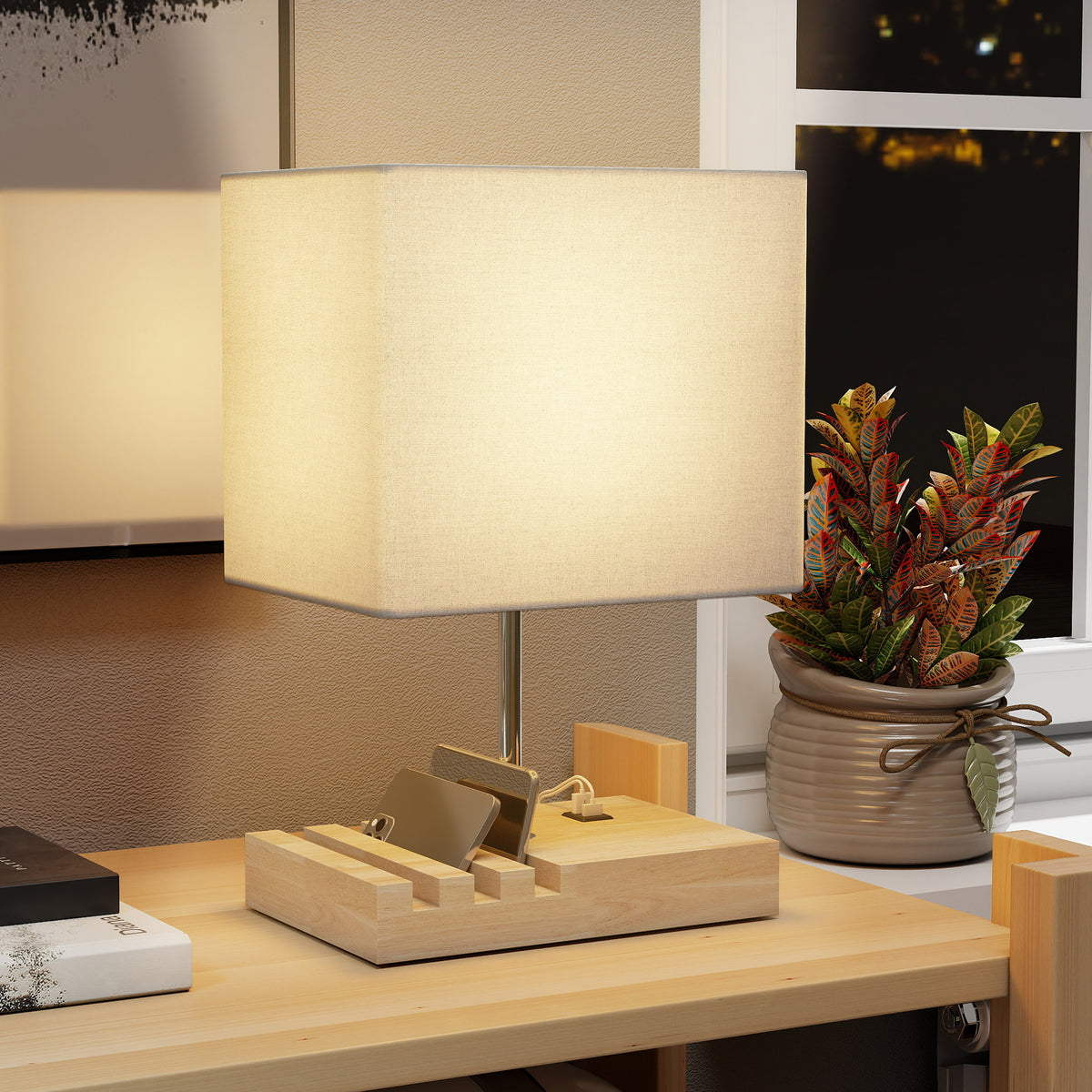 Lampe de chevet avec USB A+C, lampe de table moderne, 3 supports pour téléphone, ampoules non incluses, blanc-1