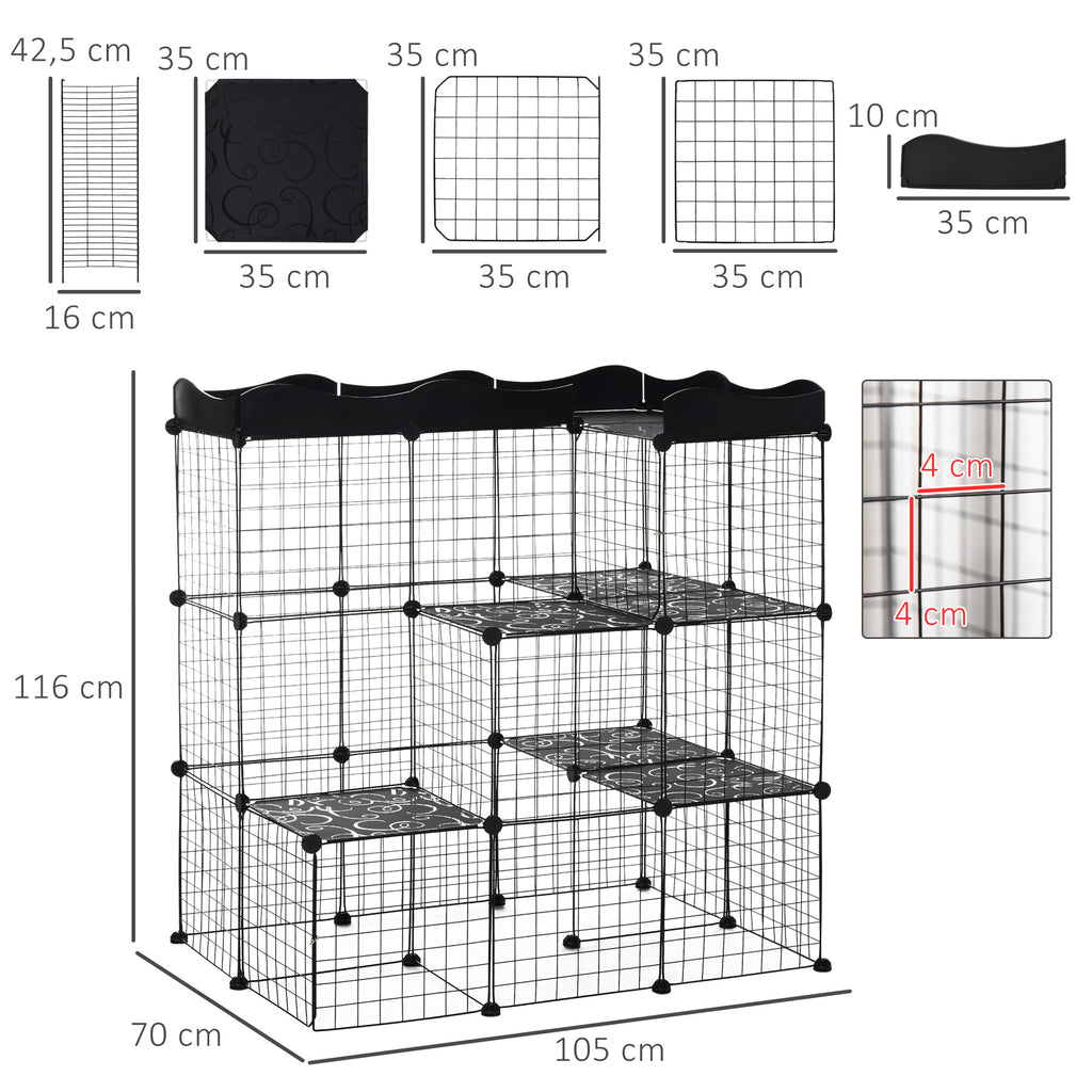 Cage parc enclos pour petits animaux chats lapins modulable 3 niveaux 2 portes rampe fil métallique 105 x 70 x 116 cm noir-2