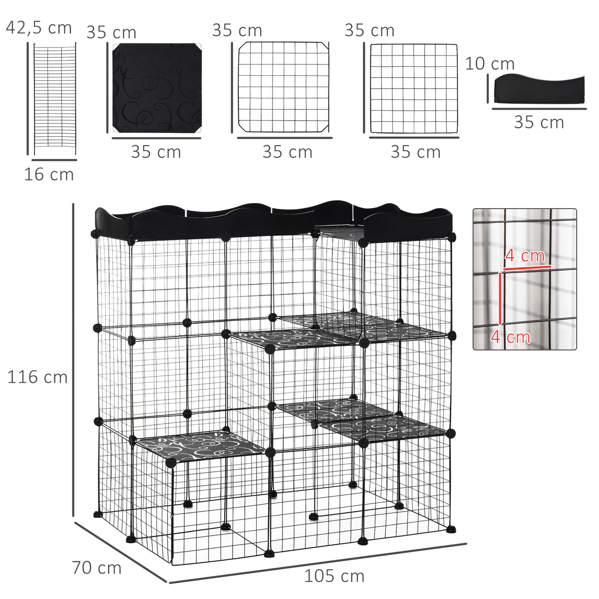 Cage parc enclos pour petits animaux chats lapins modulable 3 niveaux 2 portes rampe fil métallique 105 x 70 x 116 cm noir-2