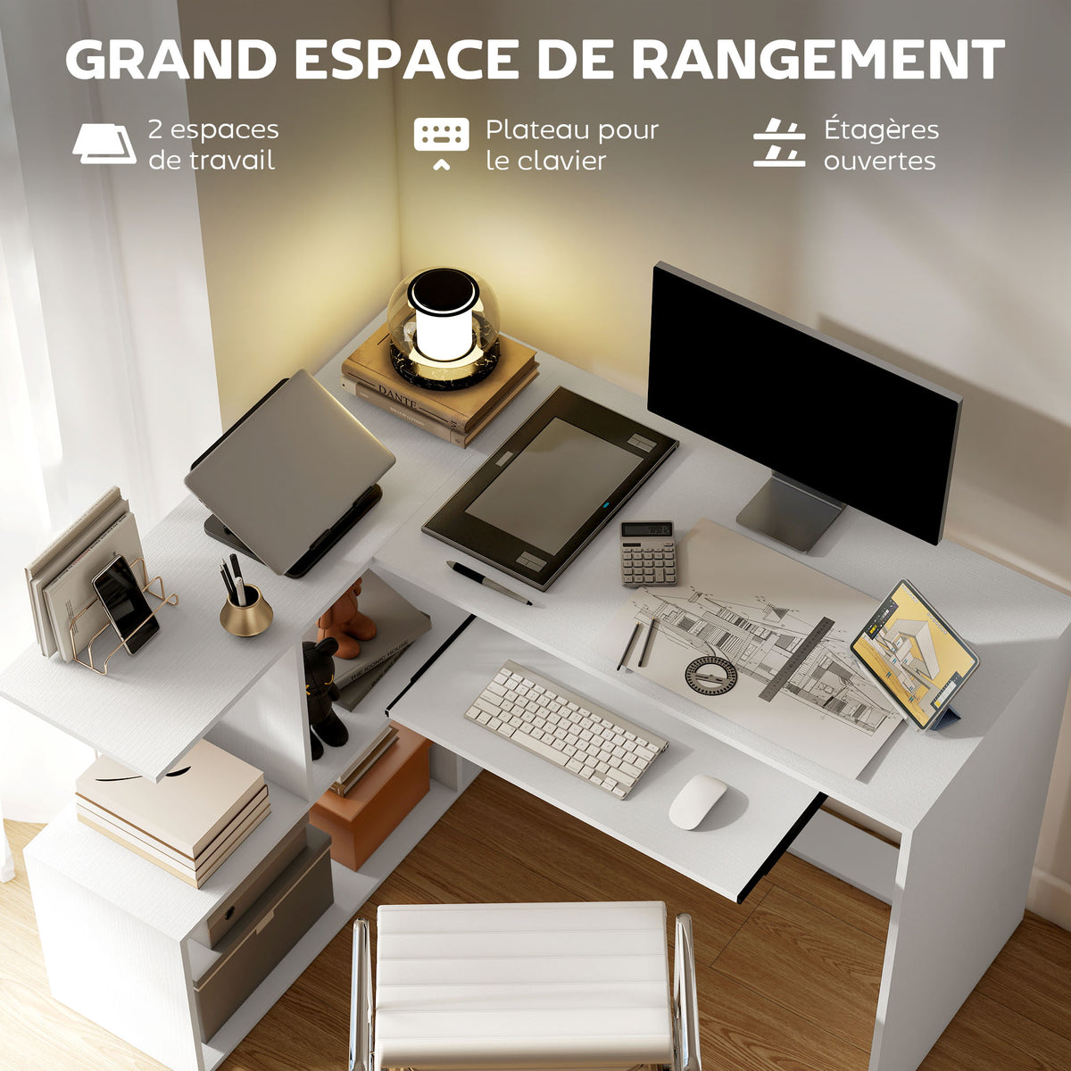 Bureau d'angle bureau en L avec étagères de rangement, plateau à clavier coulissant, 120x100x76cm, blanc-3