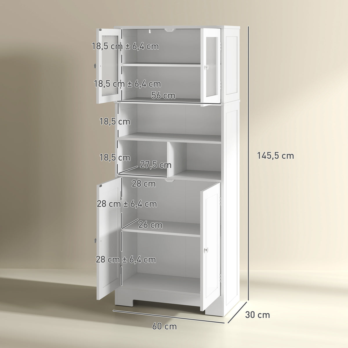 Buffet haut cuisine, armoire de cuisine, 4 portes, niches, étagères réglables, portes en verre, 60 x 30 x 145,5 cm blanc-2