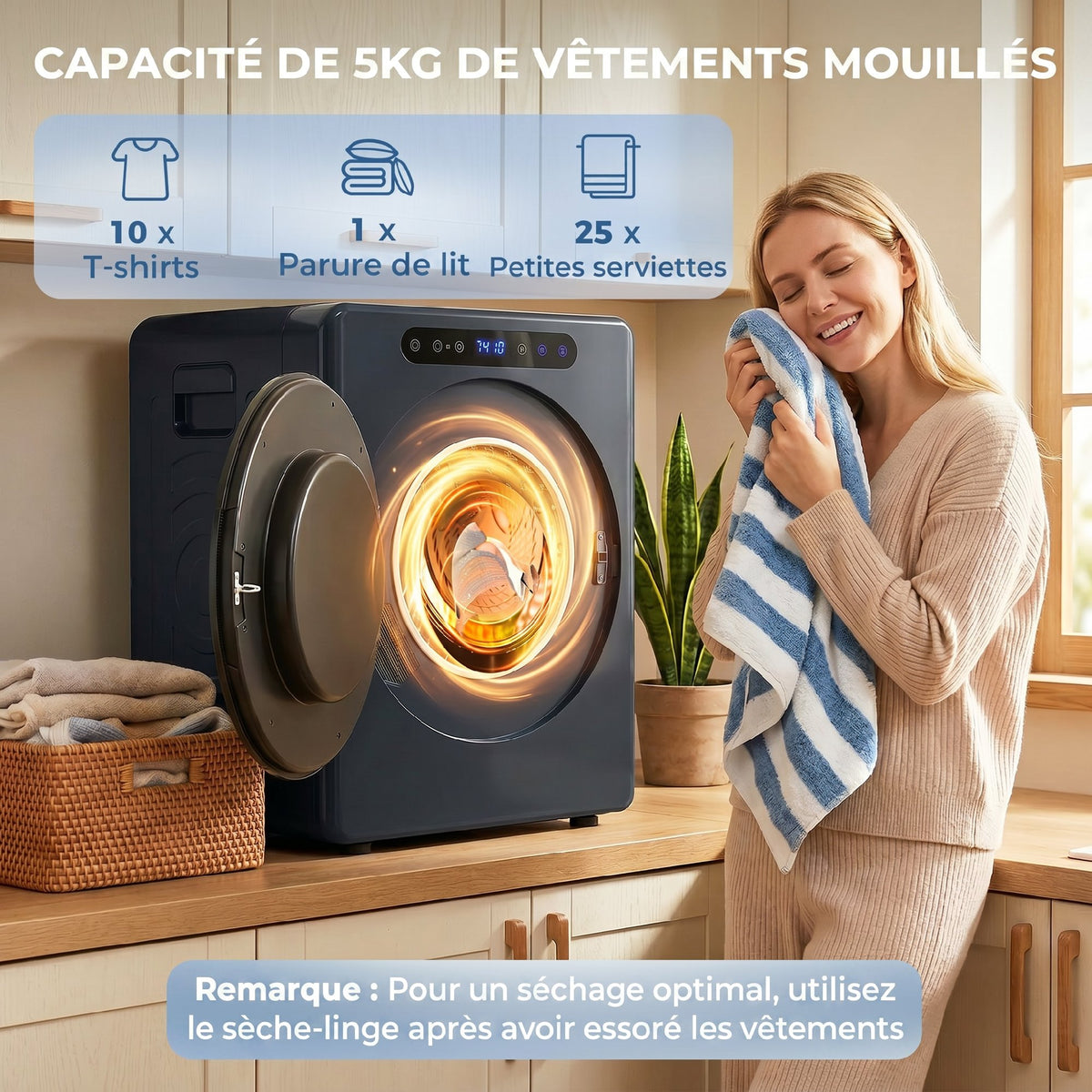 Sèche linge à évacuation, sèche-linge électrique 1000 W 3 Kg, modes Extra Dry et ECO, minuterie, acier inoxydable, bleu-4