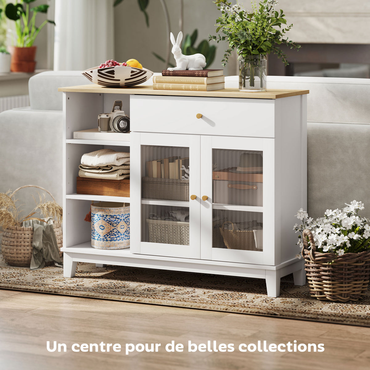 Buffet salon avec placard à portes en verre trempé nervuré, tiroir, 3 compartiments ouverts et étagères réglables, blanc-3