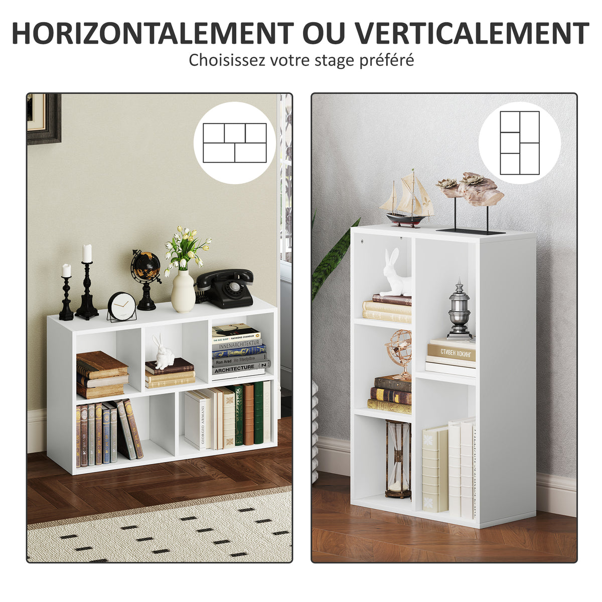 Bibliothèque étagère de rangement avec 5 compartiments, pour salon chambre à coucher bureau, 50x24x80cm, blanc-4