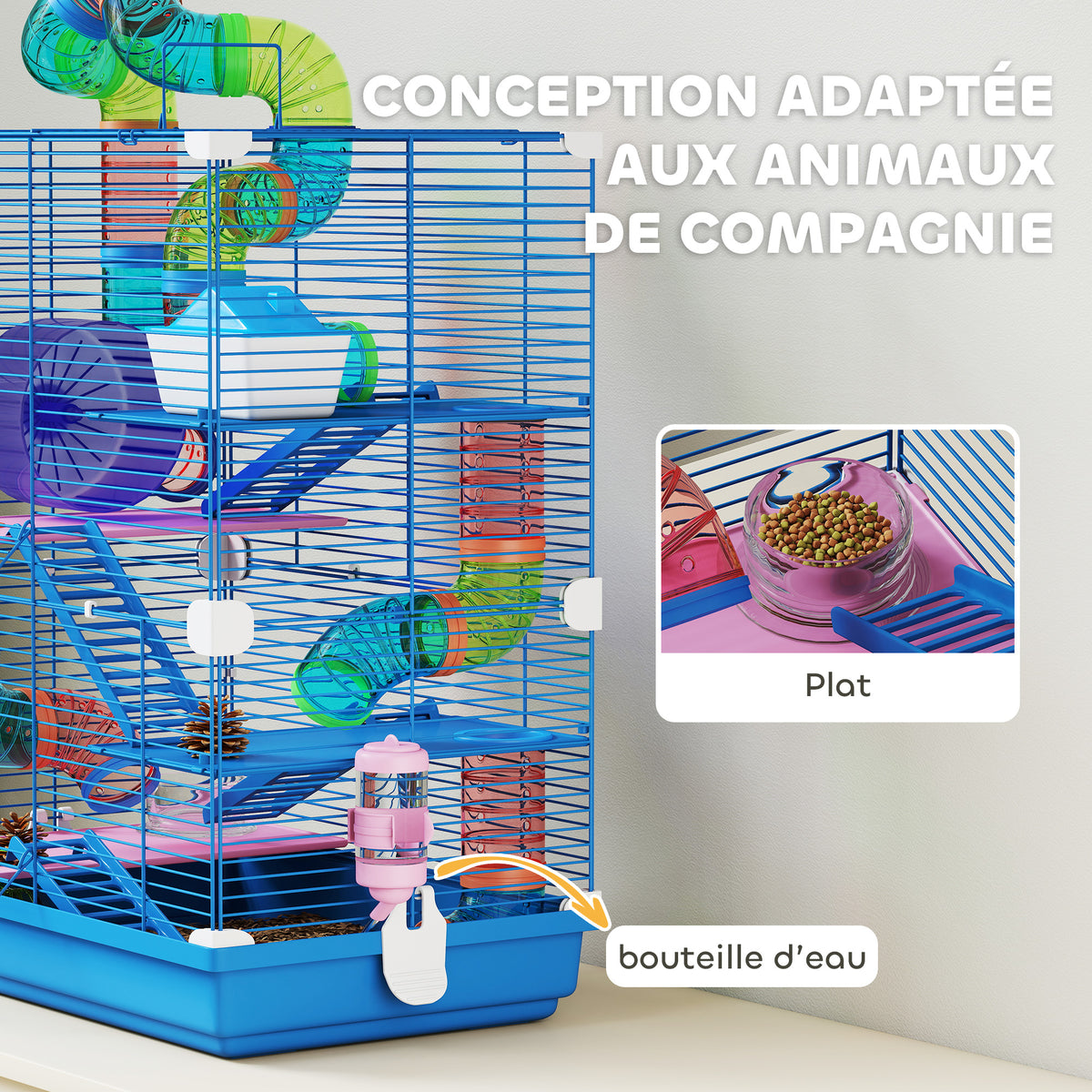 Cage pour hamster rongeur 4 étages avec tunnels mangeoire roue maison échelles 46 x 30 x 58 cm bleu-4