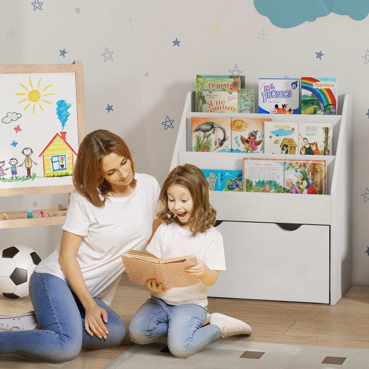 Bibliothèque pour enfants Multi-Rangement avec 3 niveaux d'étagères et un tiroir, 62,5L x 30l x 70H cm, blanc-1