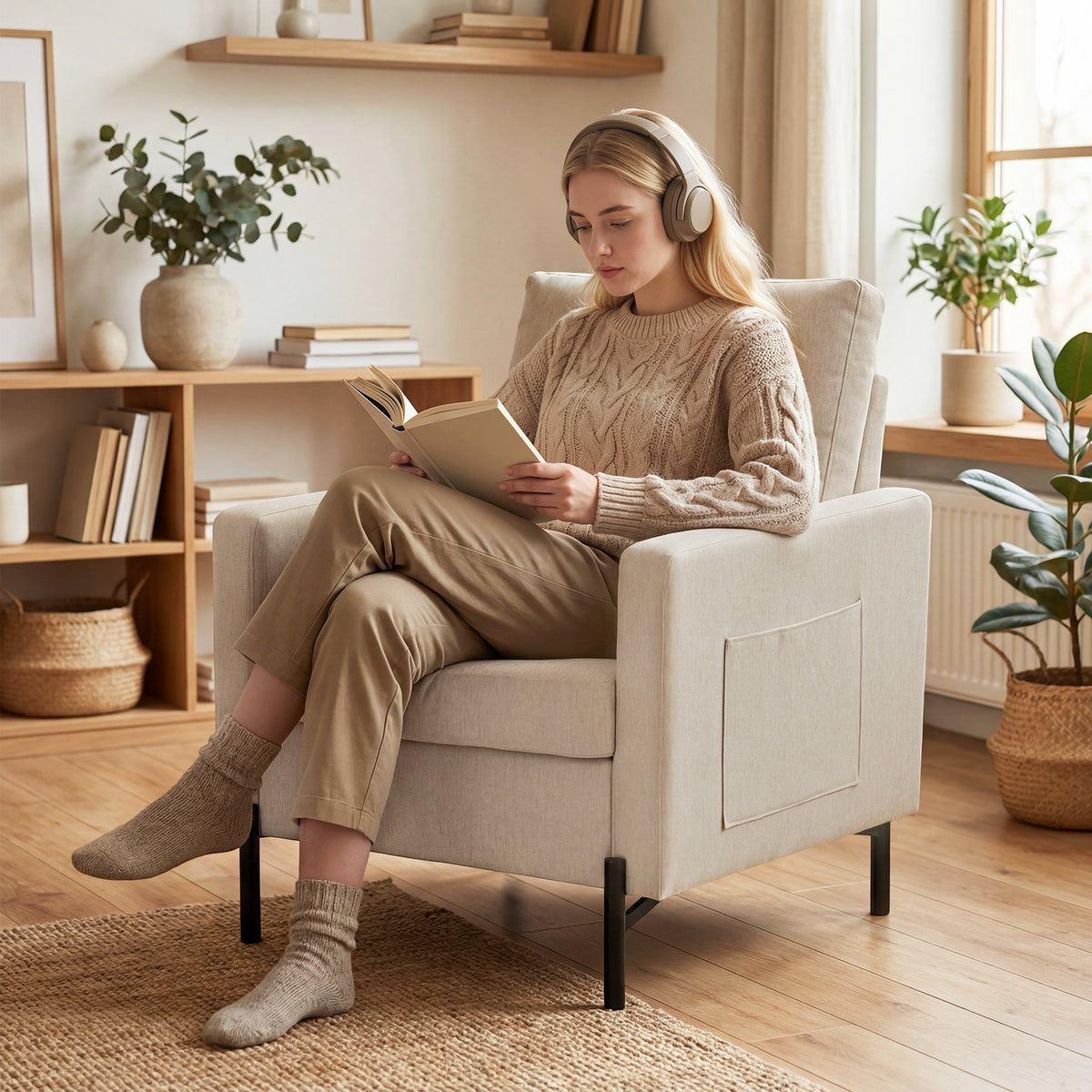 Fauteuil de salon, canapé 1 place rembourré avec accoudoirs, assise large et pieds en acier, 73 x 77 x 87 cm, beige-6