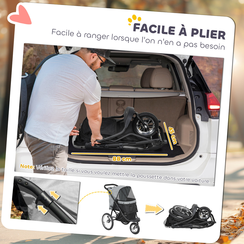 Poussette pour chien pliable avec panier de rangement, coussin lavable, roues en caoutchouc et auvent réglable, gris-6