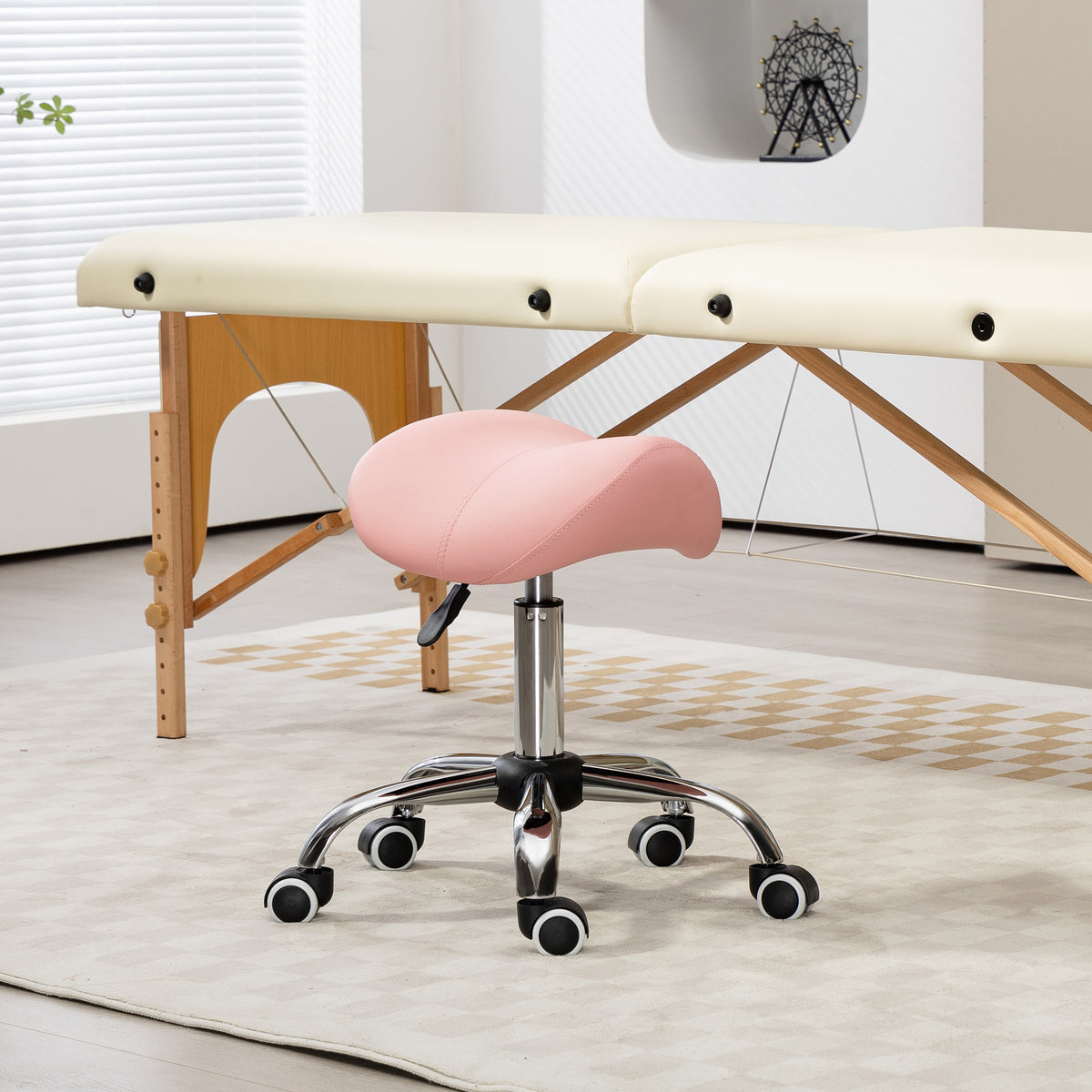 Tabouret à roulettes, chaise de travail avec hauteur réglable 49-61 cm et selle ergonomique, 52x53x49-61cm, rose-1
