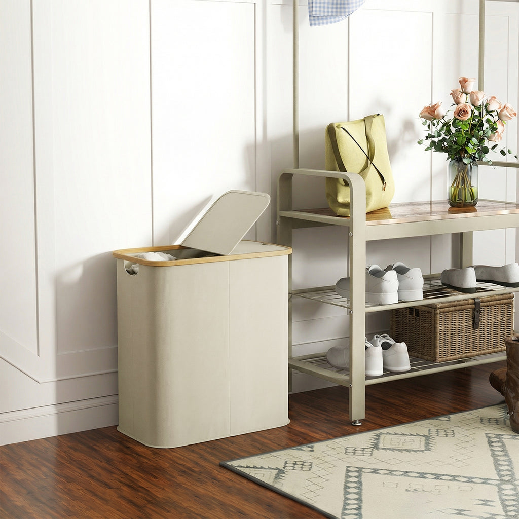 Panier à linge double pliable 80 L corbeille à linge sale avec couvercle, poignées rainurées, beige-7