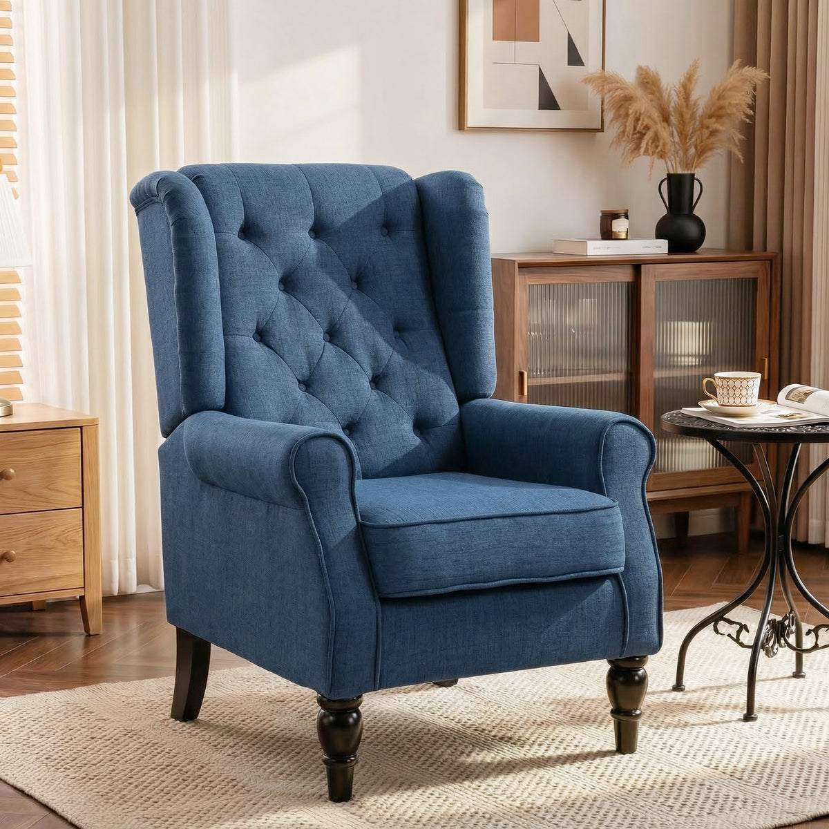 Fauteuil de Salon, Fauteuil Capitonné avec Pieds en Bois, Assise Large, Grand Confort, Classique, 74x86x102cm, Bleu-1