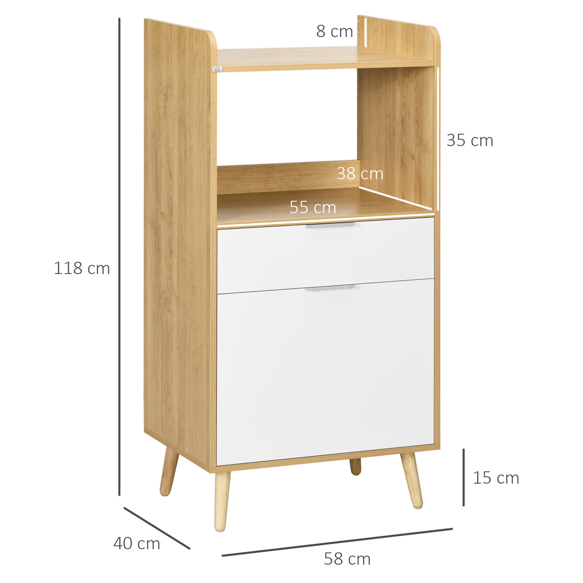 Meuble desserte de cuisine pour micro-ondes avec placard tiroir étagère réglable 58 x 40 x 118 cm naturel et blanc-2