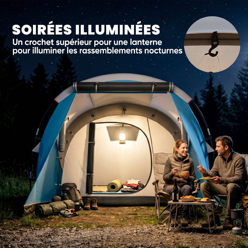 Tente de camping familiale 3 personnes, tente tunnel imperméable, 2 portes fenêtres, ventilée 4,6 x 2,6 x 1,9 m, bleu-4