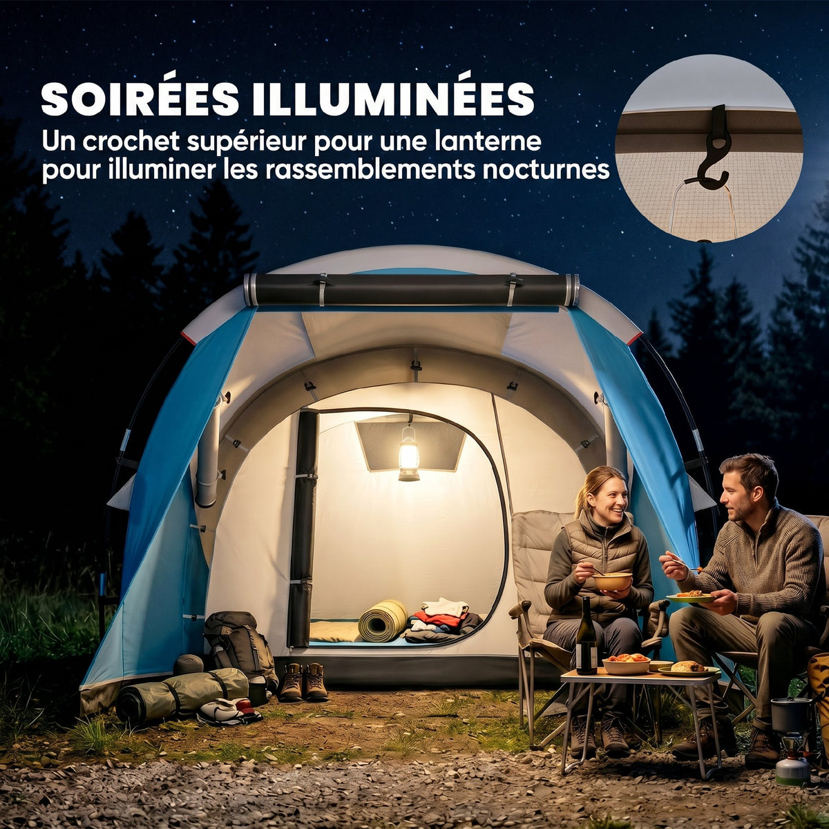 Tente de camping familiale 3 personnes, tente tunnel imperméable, 2 portes fenêtres, ventilée 4,6 x 2,6 x 1,9 m, bleu-4