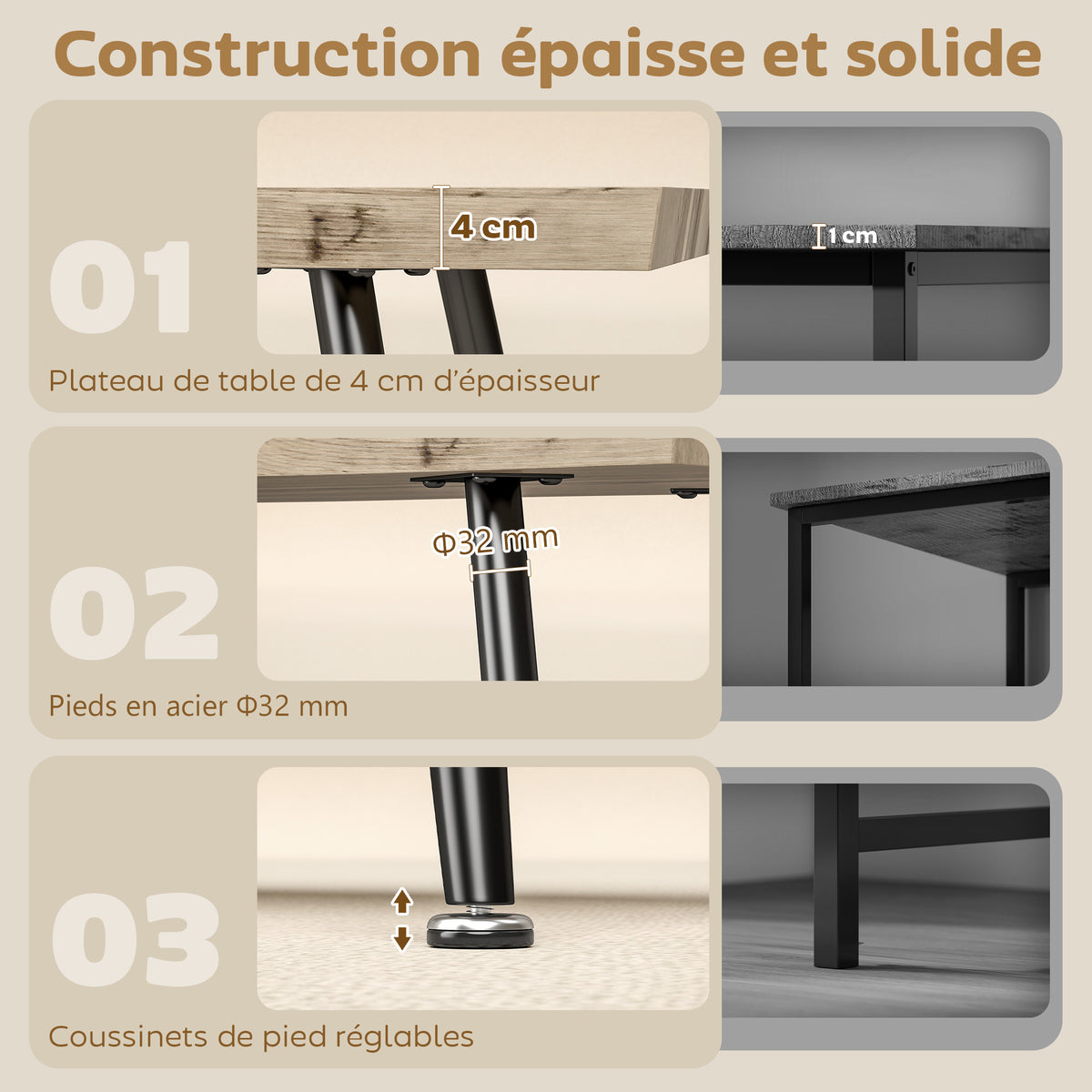 Table basse, table d'appoint moderne avec pieds en acier et plateau épais de 4 cm, 100 x 50 x 45 cm, chêne et noir-4