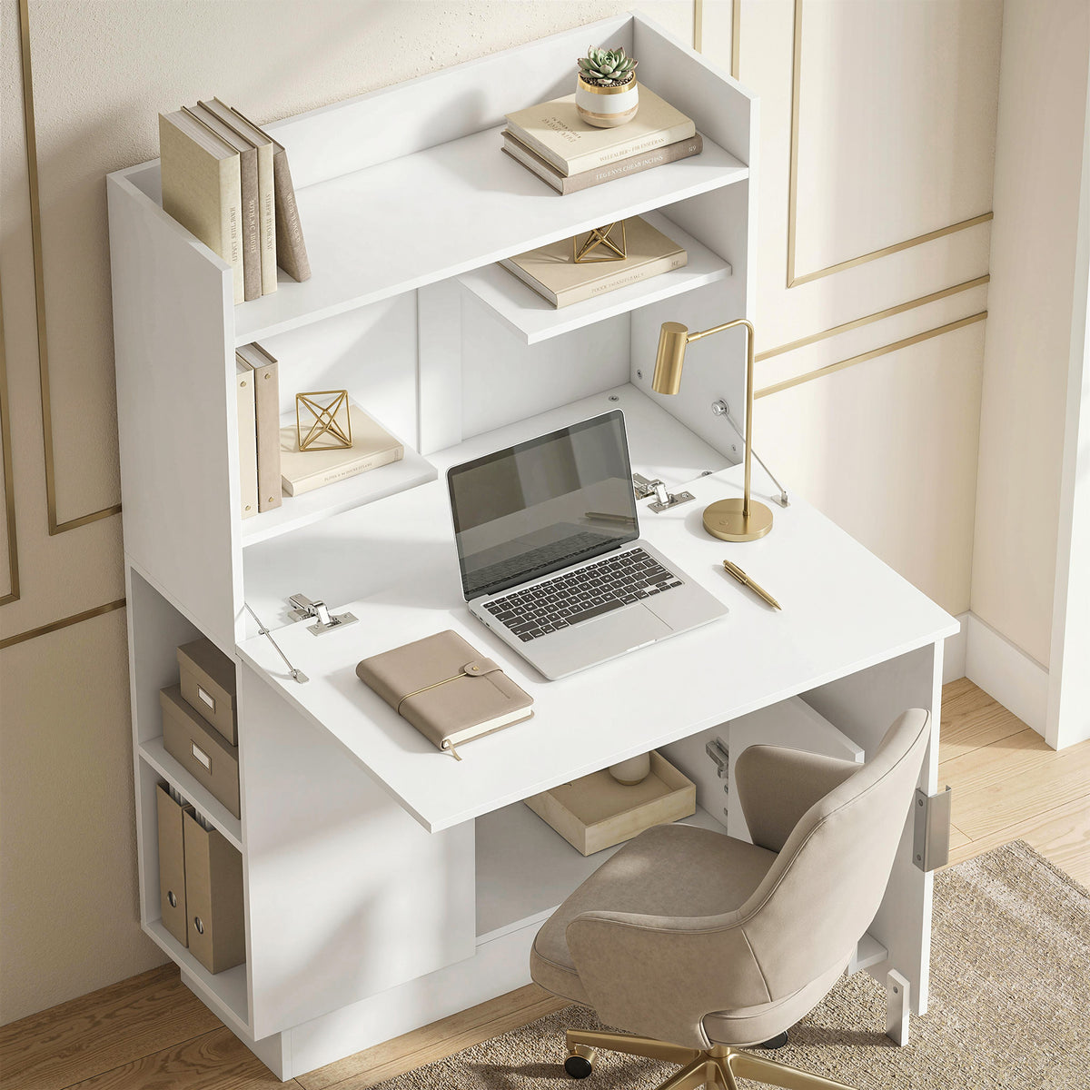 Bureau d'ordinateur pliant, bureau informatique avec plateau rabattable, étagères et placard, 80x30x128cm, blanc-1