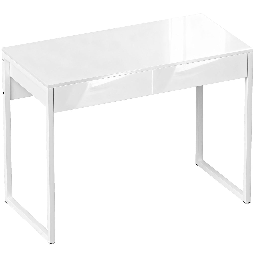 Bureau avec 2 tiroirs, table d'ordinateur 100 x 50 cm, bureau moderne pied en acier, pour petits espaces, blanc brillant-0