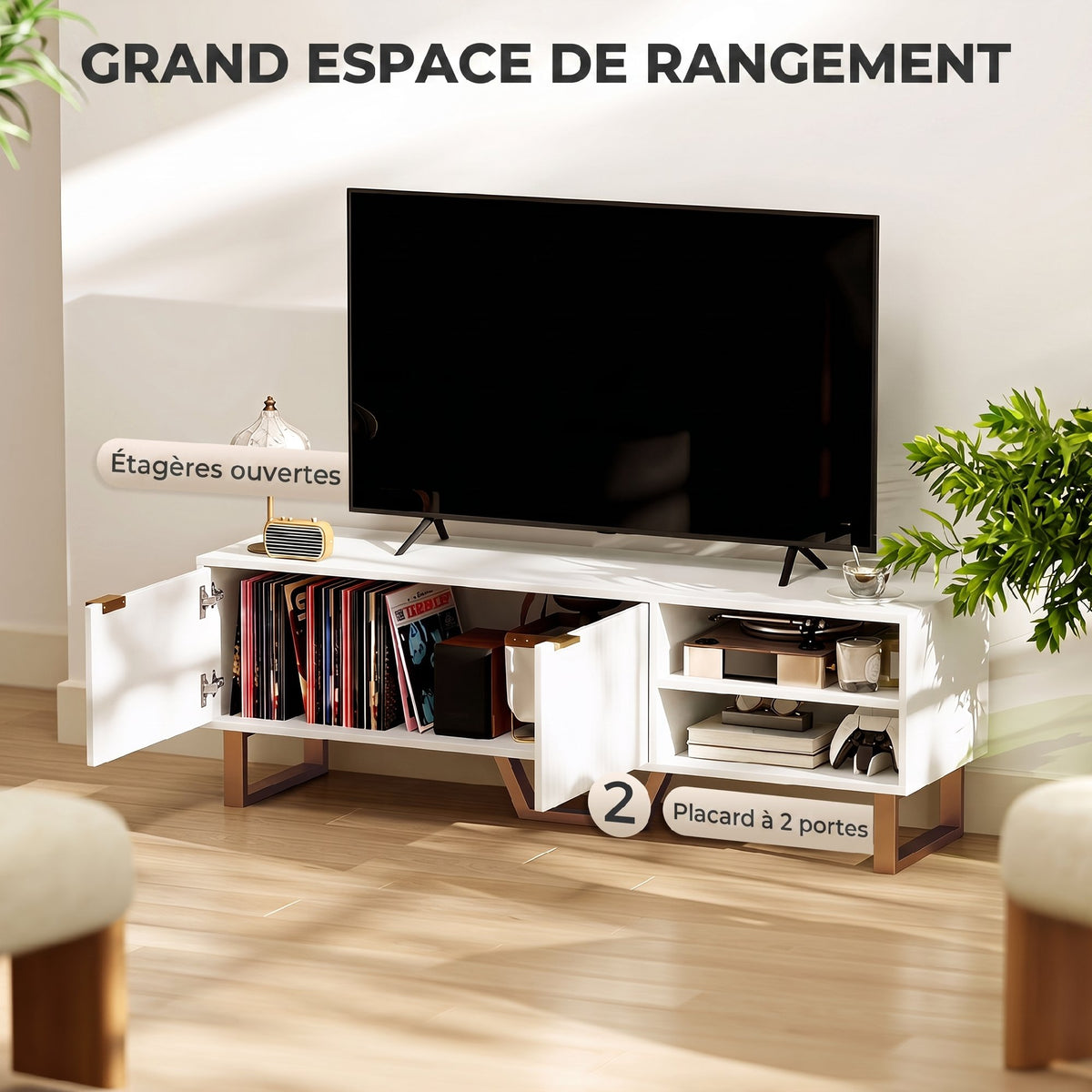 Meuble TV banc TV pour téléviseur jusqu'à 70 pouces - placard à 2 portes cannelées, compartiment ouvert et passe-câbles-4