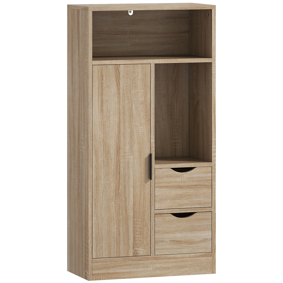 Meuble de salle de bain, meuble de rangement étroit avec 2 tiroirs, compartiments ouverts, 50x25x100cm, bois naturel-0