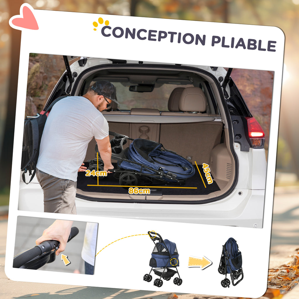 Poussette buggy pliable chien chat panier rangement porte-gobelets tissu 300D Oxford imperméable 4 roues bleu foncé-4