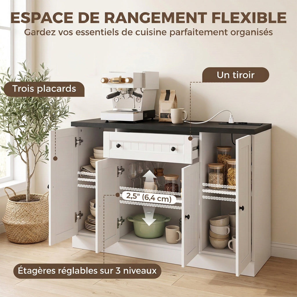 Buffet Salon avec Station de Charge, Meuble de Rangement avec 4 Portes, Tiroir, Étagères Réglables, Blanc et Noir-4