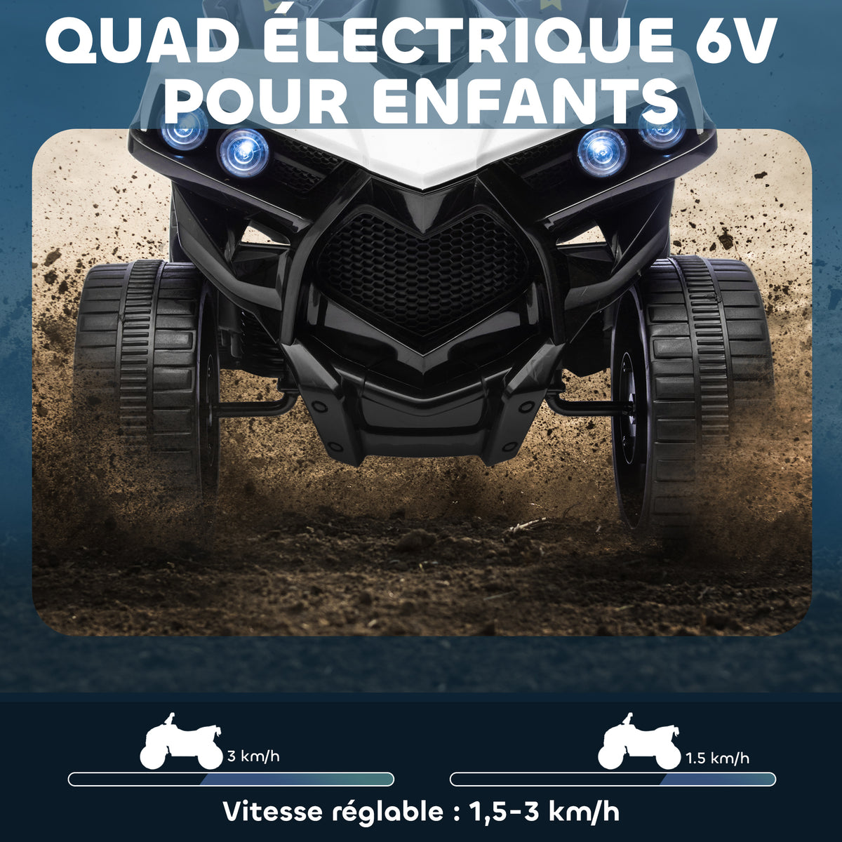 Quad électrique enfant 6V, voiture électrique enfants ATV, musique et phares LED, pour 18-56 mois, 70x42x45cm, blanc-3