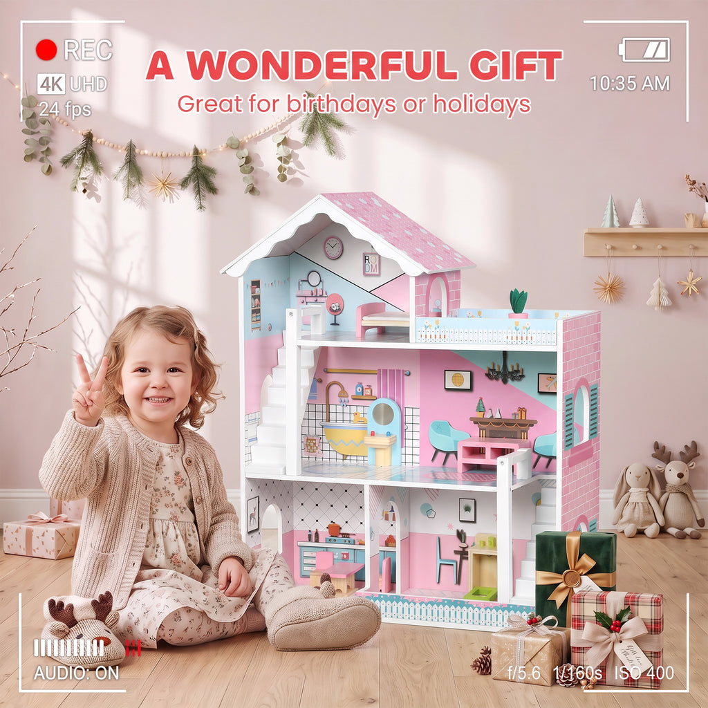 Maison de Poupée en Bois pour Enfants, Maison de Rêve Filles à 3 Étages avec Balcon, Escaliers et 10 Accessoires, Rose-7