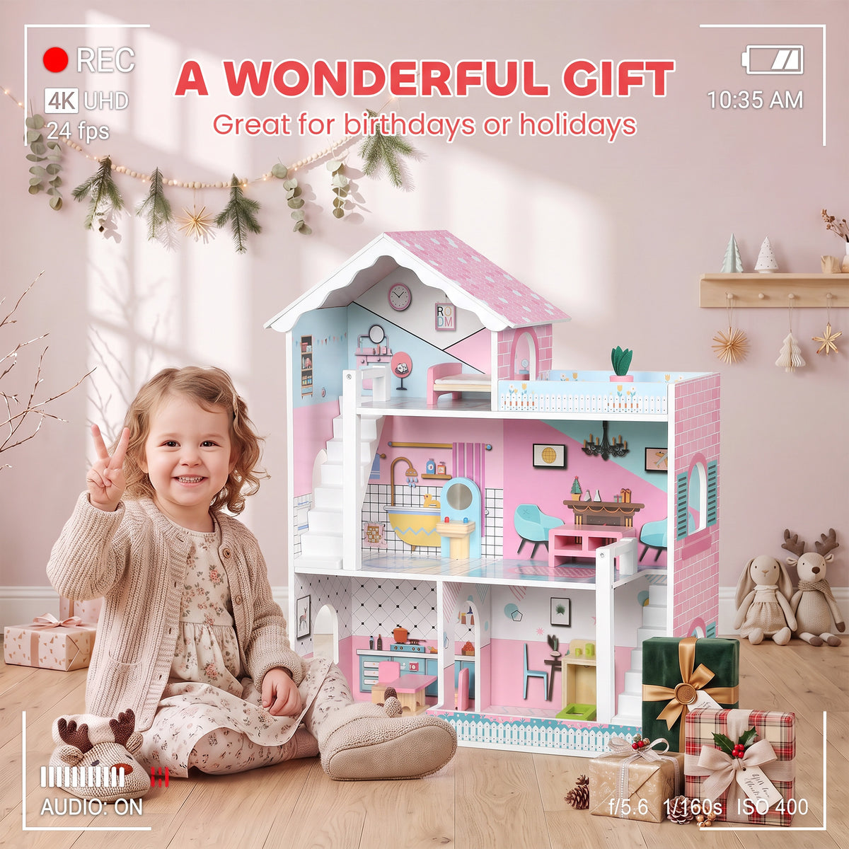 Maison de Poupée en Bois pour Enfants, Maison de Rêve Filles à 3 Étages avec Balcon, Escaliers et 10 Accessoires, Rose-7