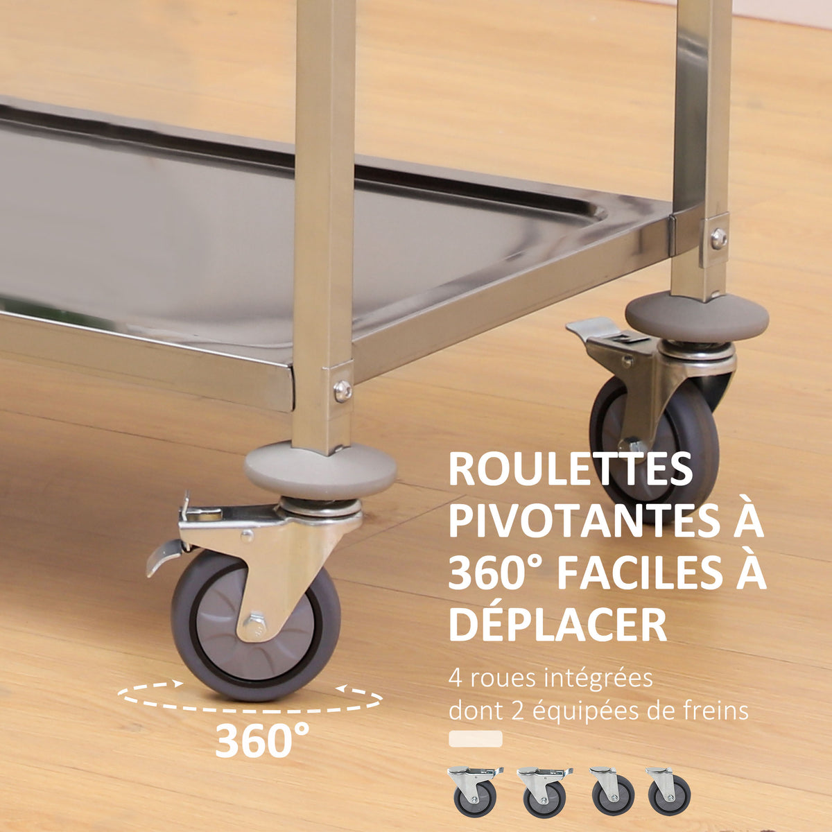 Desserte de cuisine à roulettes à 3 étagères, chariot de rangement en acier inox., chariot de cuisine et salle à manger, 90,5 x 50,5 x 88,2 cm, argenté-4