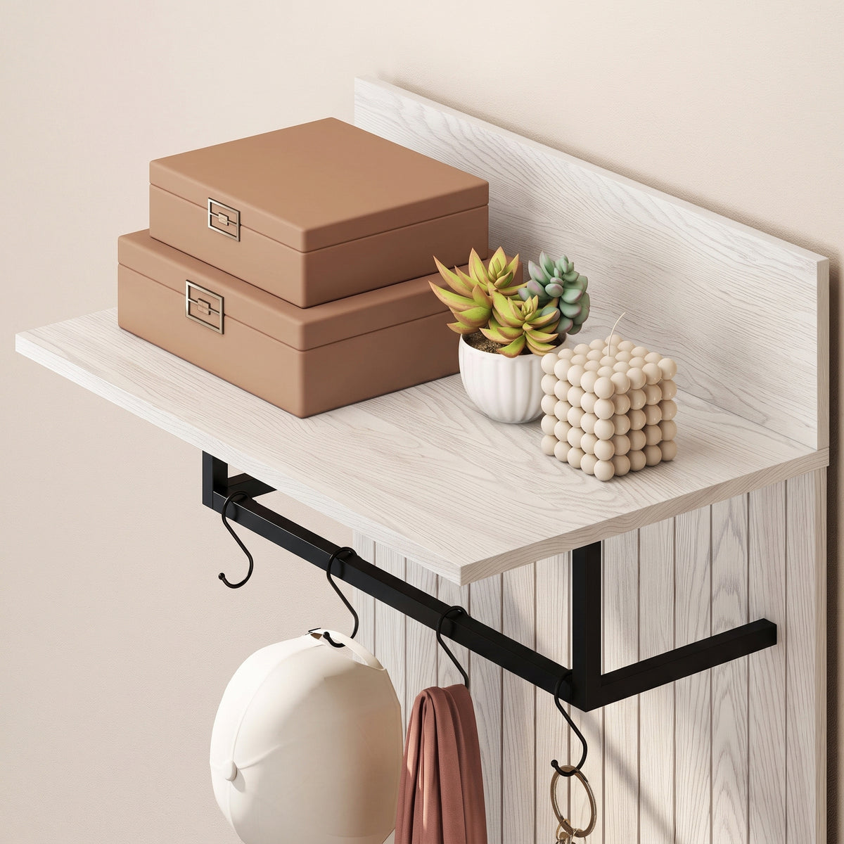 Porte-Manteau 5 en 1, Meuble d'Entrée, Banc à Chaussures, Tiroir Basculant, Étagères Réglables, 4 Crochets, Blanc-9