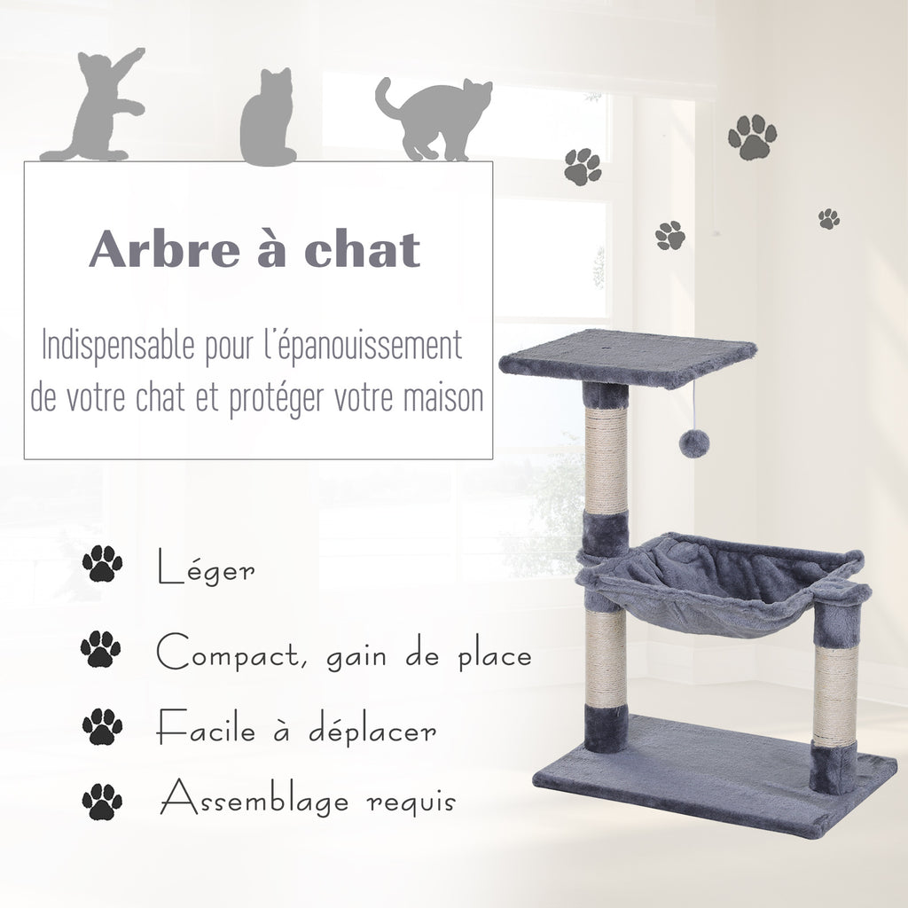 Arbre à chat 3 griffoirs grattoirs sisal naturel plateforme hamac et boule suspendue dim. 50L x 36l x 70H cm peluche courte gris-3