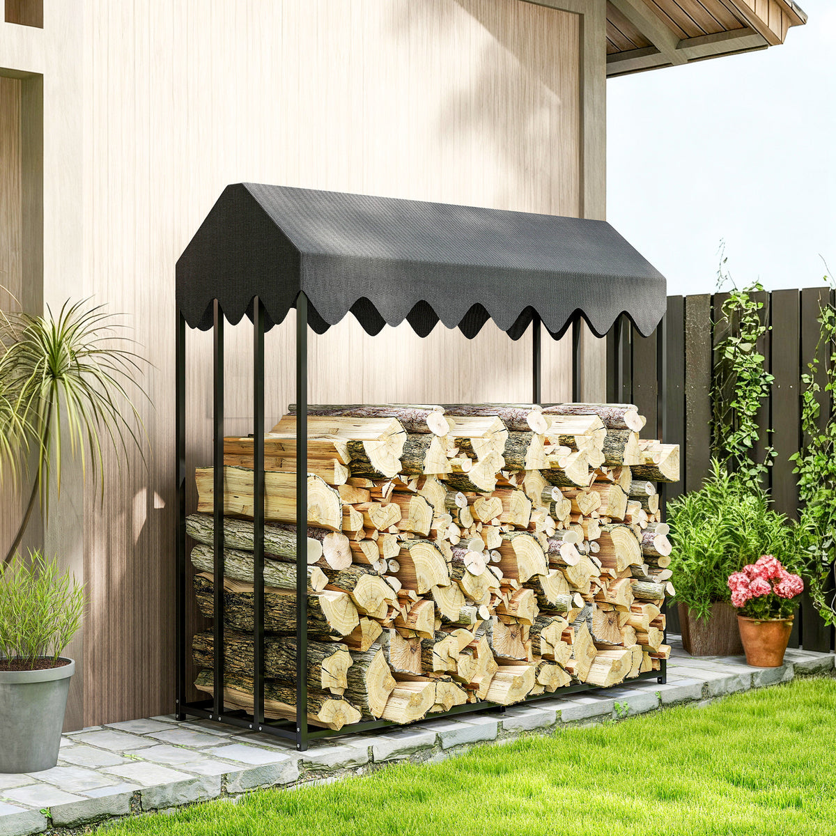 Range bûches extérieur, étagère à bûches avec housse de protection 600D Oxford capacité 1,9 m³, acier 186x70x185cm noir-9
