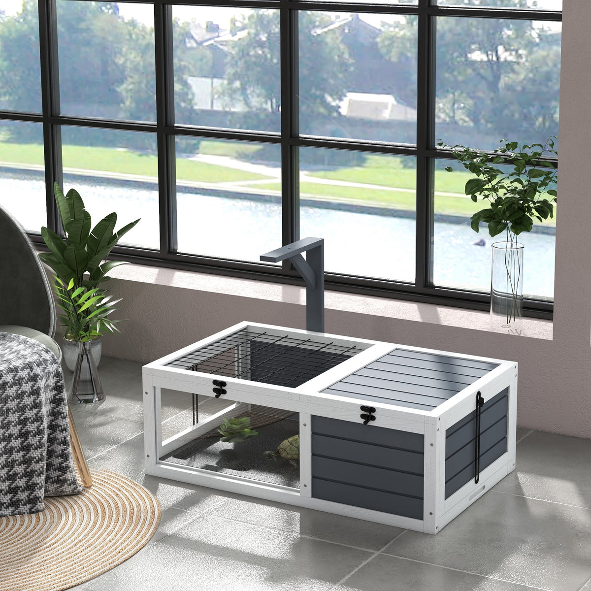 Maison enclos cage pour petit animal tortue avec 2 espaces support de lampe 81 x 48 x 31,5 cm gris-9