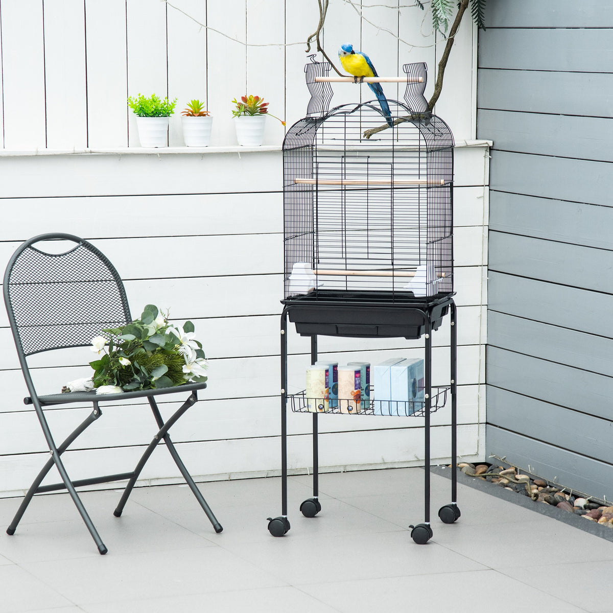 Cage à oiseaux volière pour oiseaux sur roulettes avec toit ouvrant 3 perchoirs étagère inférieure 46 x 36 x 130 cm noir-9