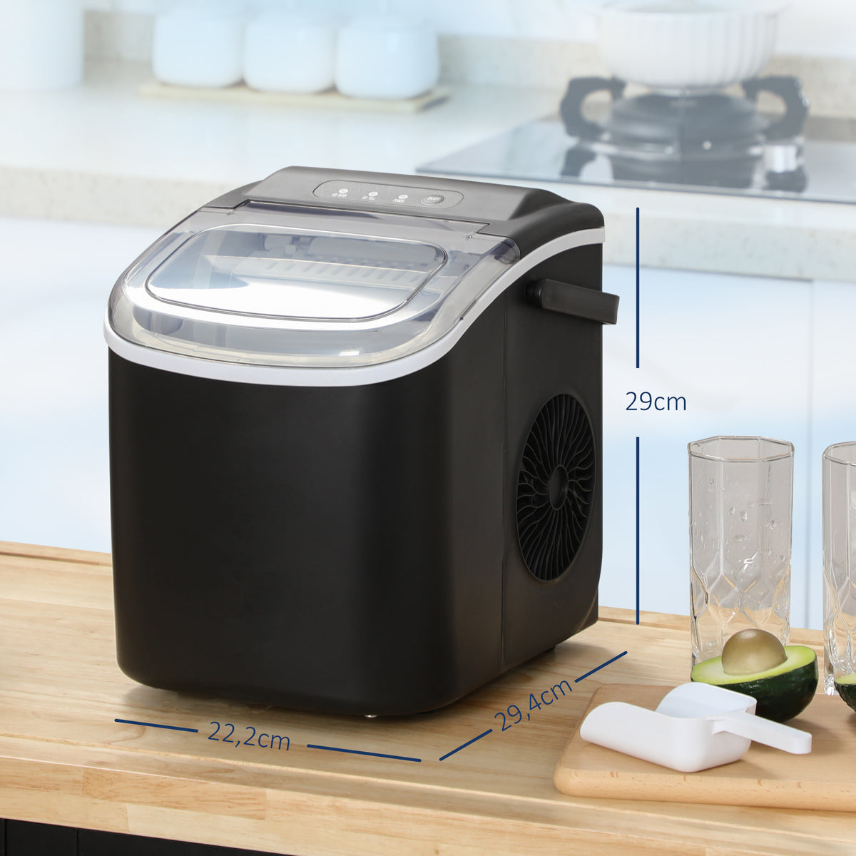 Machine à glaçons, 12kg en 24h, 9 glaçons en 6-12 minutes, ice maker avec poignée, panier et pelle, 22,2x29,4x29cm, noir-2