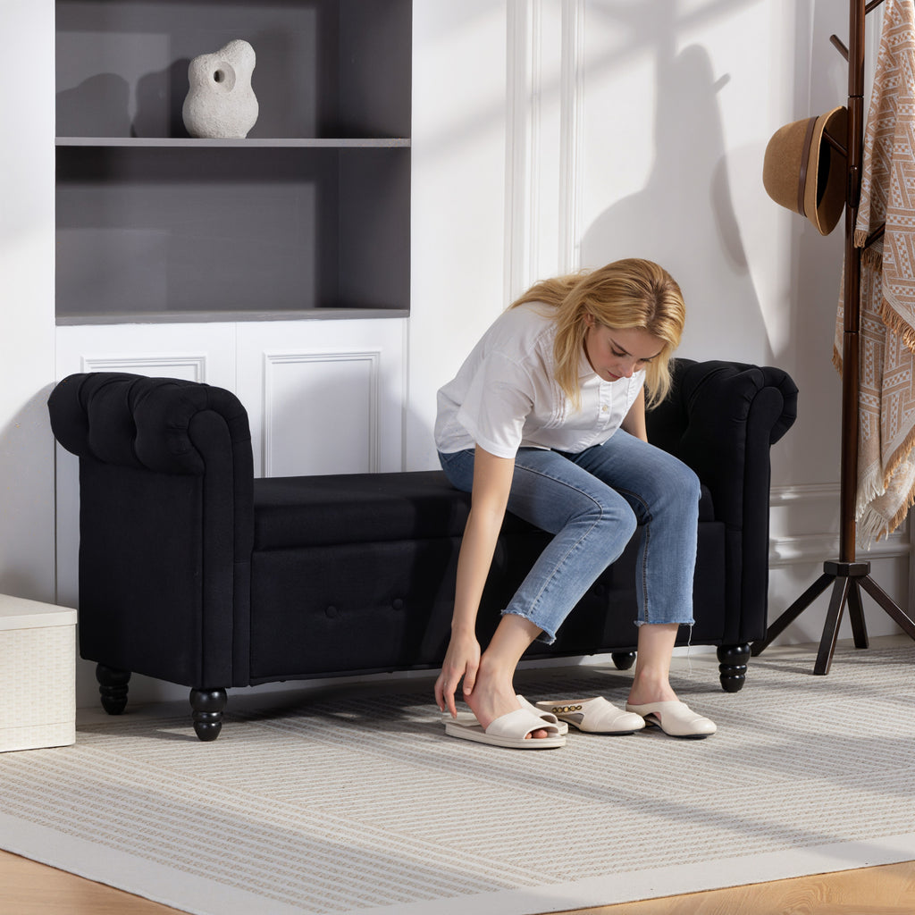 Banc banquette coffre 2 en 1 en tissu aspect lin avec pieds en bois 146,5 x 49 x 72 cm noir-8