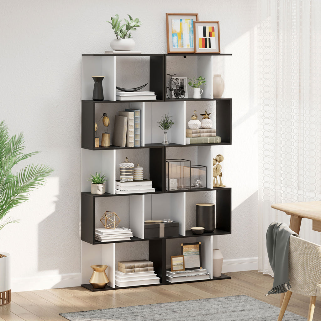 Bibliothèque à 5 niveaux, meuble de rangement en forme de S avec étagères, étagère de rangement pour salon, chambre bureau, 60 x 24 x 184,5 cm, noir, blanc-8