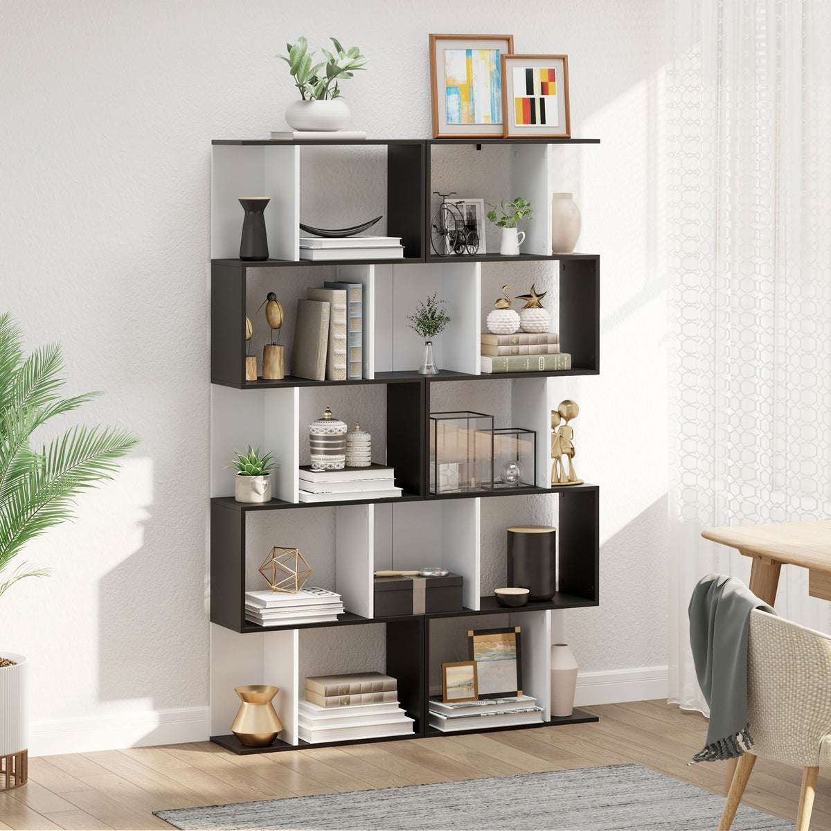 Bibliothèque à 5 niveaux, meuble de rangement en forme de S avec étagères, étagère de rangement pour salon, chambre bureau, 60 x 24 x 184,5 cm, noir, blanc-8