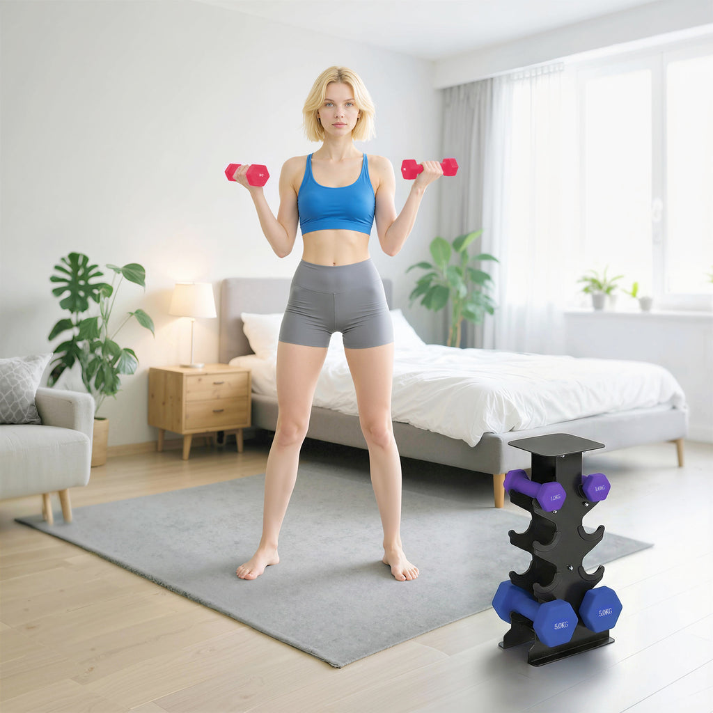Lot 3 haltères hexagonaux avec support, 2 x 1kg, 2 x 3kg, 2 x 5kg, poignées antidérapantes, fitness à domicile-7
