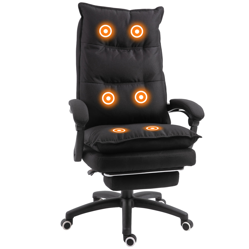 Fauteuil de bureau massant, chaise de bureau, chaise ergonomique avec hauteur réglable, dossier inclinable, repose-pied intégré et télécommande filaire, pivotant à 360°, toile de lin noir-0