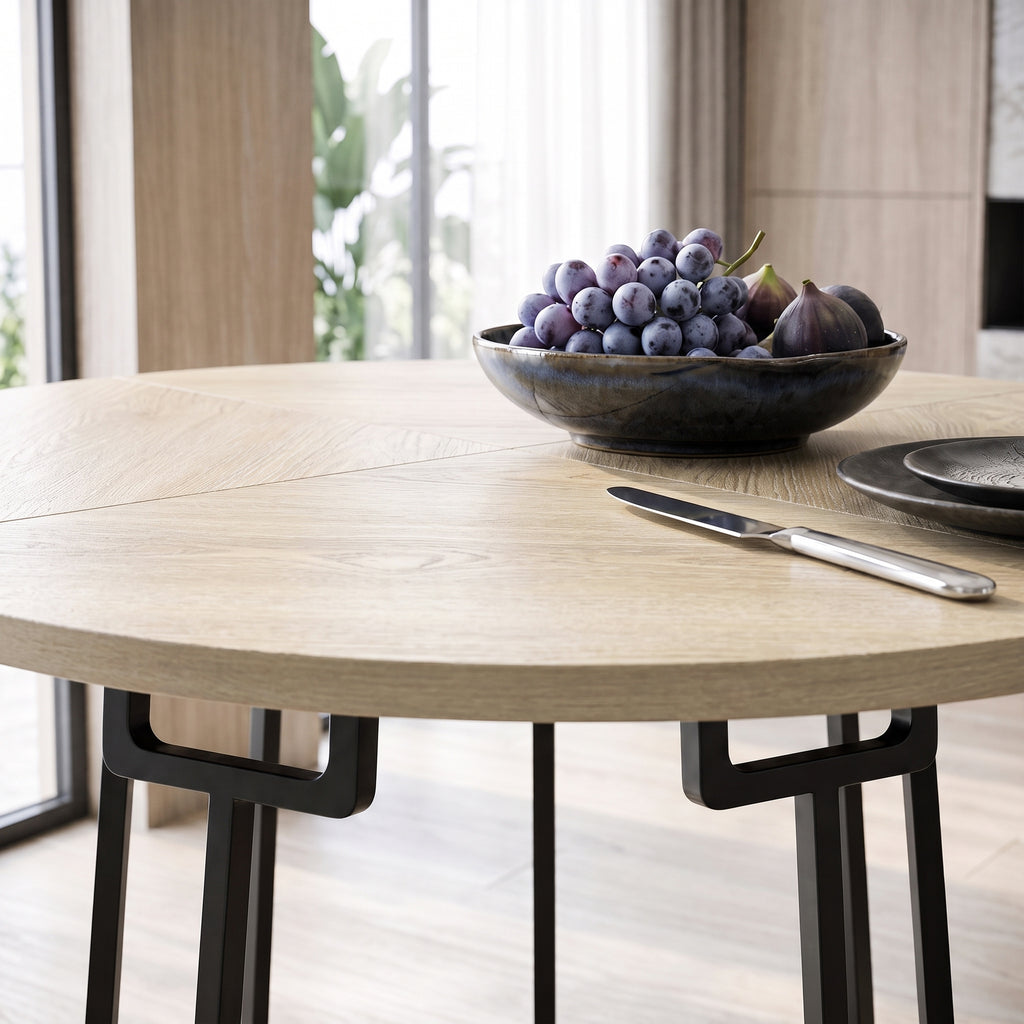 Table à Manger Ronde pour 4 à 6 Personnes, Ø 120 x 75 cm, Table de Cuisine avec Piétement Conique en Métal, Bois Naturel-8
