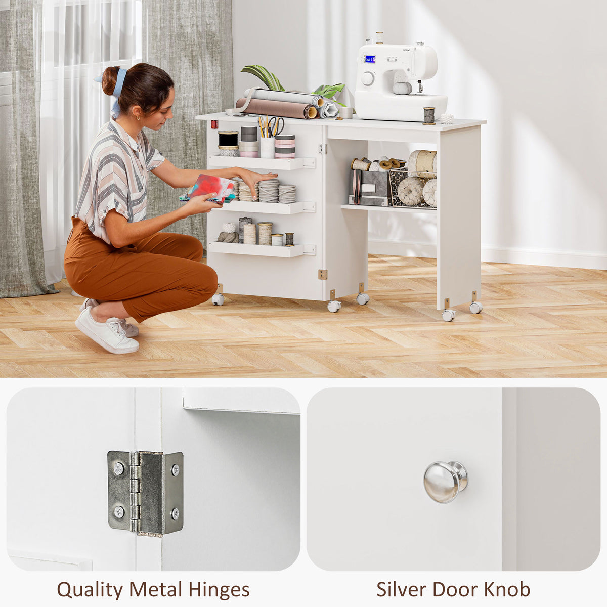 Table de couture pliante meuble couture à abattant avec bacs de rangement, étagère ouverte et roulettes, blanc-7