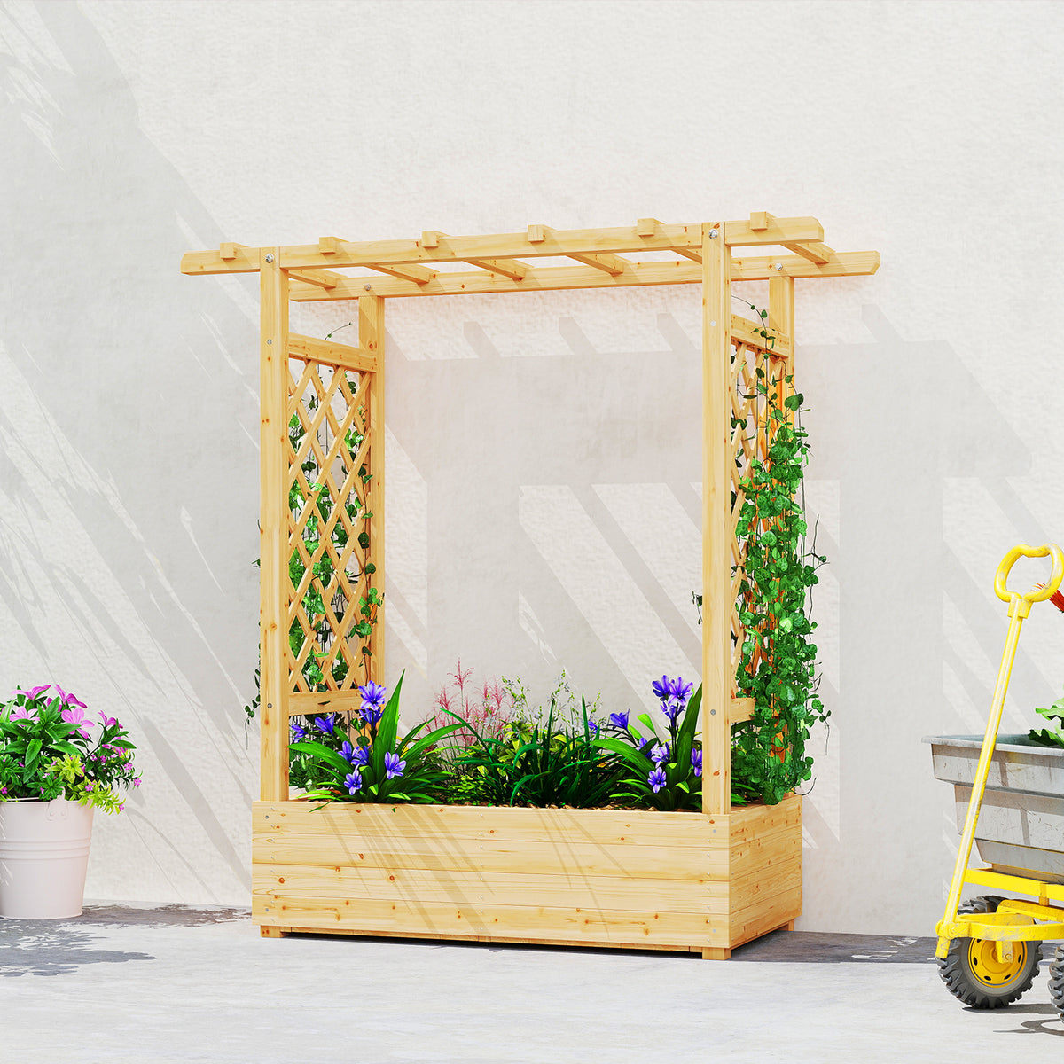Jardinière surélevée avec treillis latéral et supérieur, bac à fleurs trous de drainage, 110x44x113cm, bois naturel-9