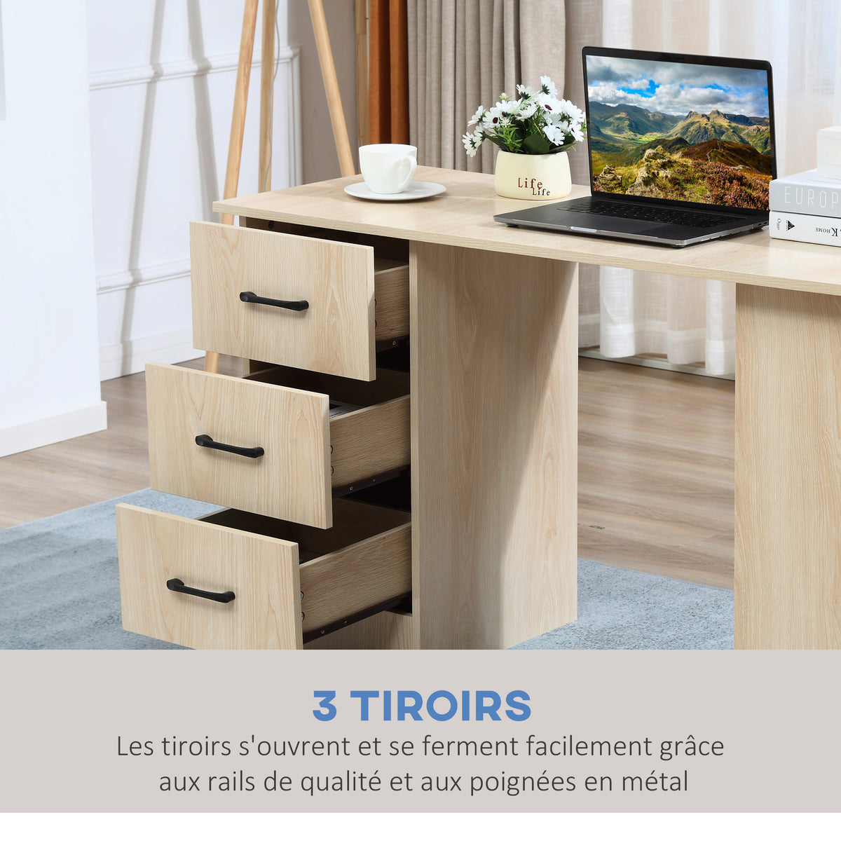 Bureau 120 x 50 cm avec étagères et tiroirs, pour petit espace, bureau à domicile, chambre à coucher, couleur bois-4